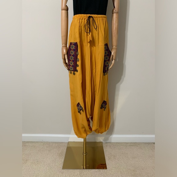 Mustard Yellow with Pink Floral Hobo Tatreez Sherwal Baggy Pants - Picture 4 of 16